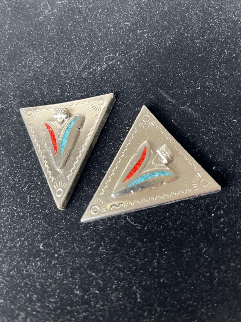 Triangular Sterling Silver collar clips with Red & Turquoise Inlay